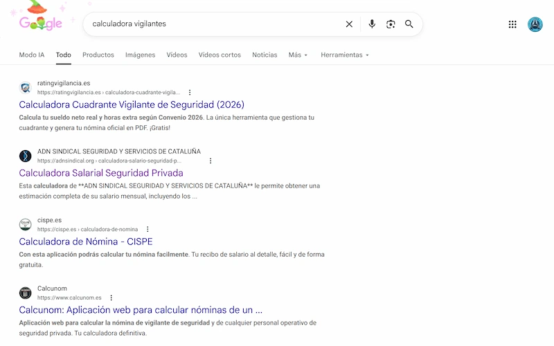 Captura de pantalla de Google TOP 1, un caso de éxito real de nuestro portfolio de diseño web y SEO.