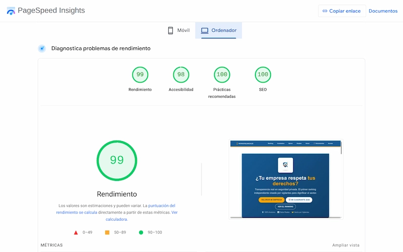Análisis de rendimiento web con puntuación 100 sobre 100 en Google PageSpeed Insights alojado en servidores NVMe.